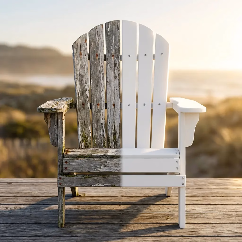 Timbercraft image showing the before and after of a wooden chair being painted