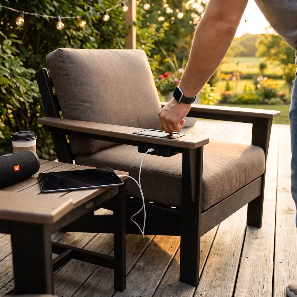 Solar-powered poly furniture charging a phone