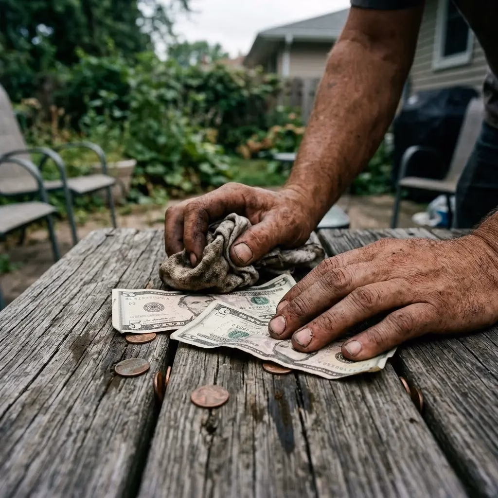 Hands counting money on wooden table