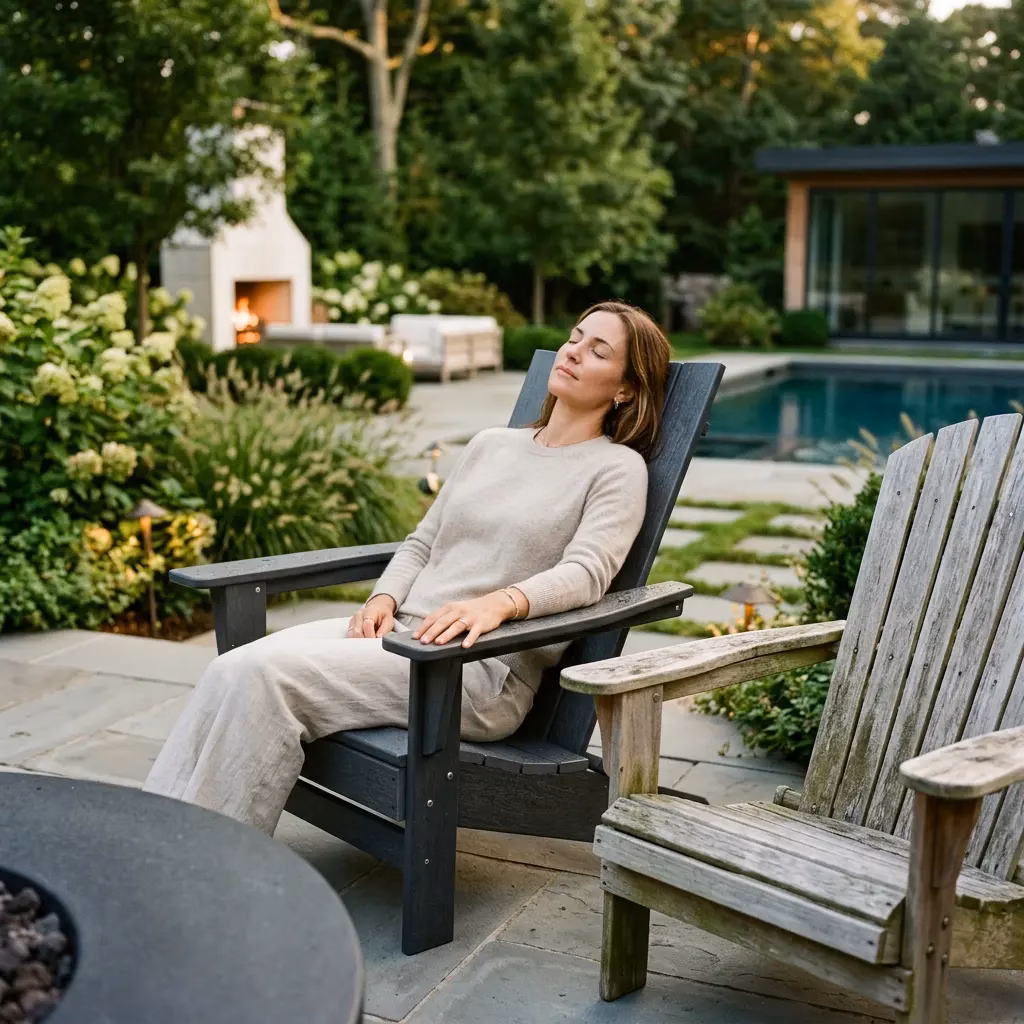 Woman relaxing in zero-maintenance poly furniture.