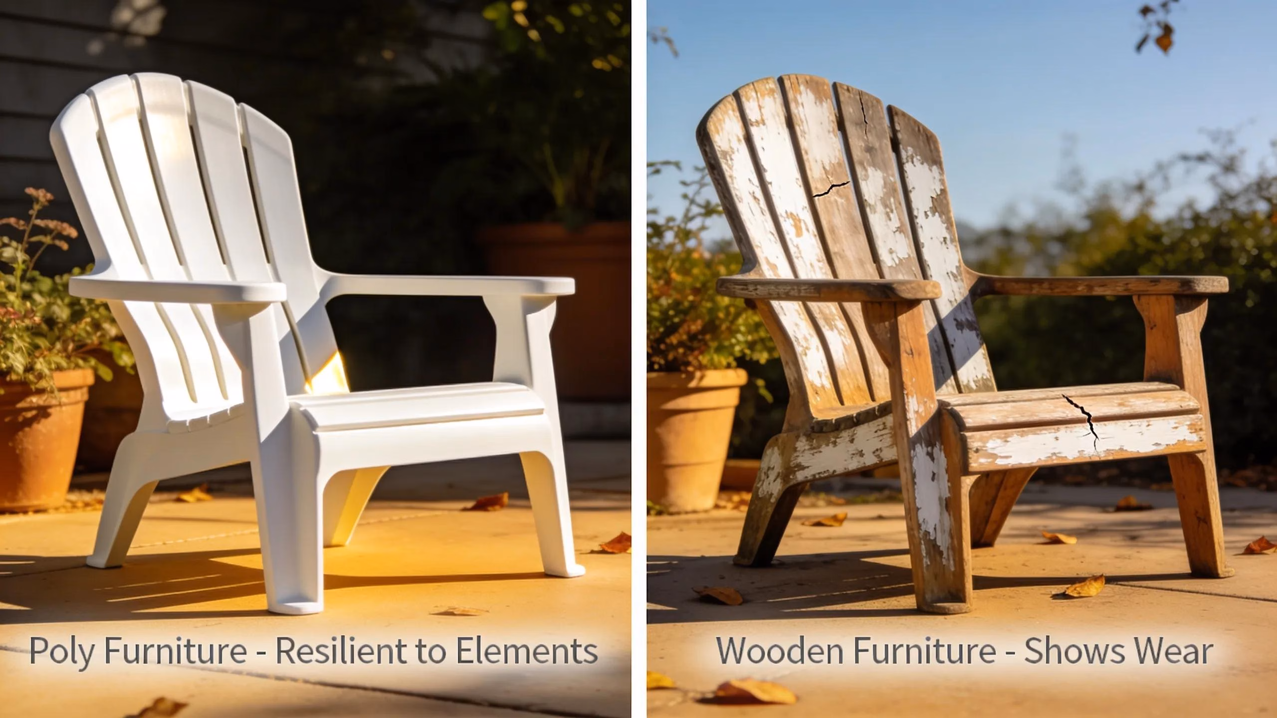 Comparative image showing a durable poly outdoor chair versus a weathered wooden chair to highlight differences in durability
