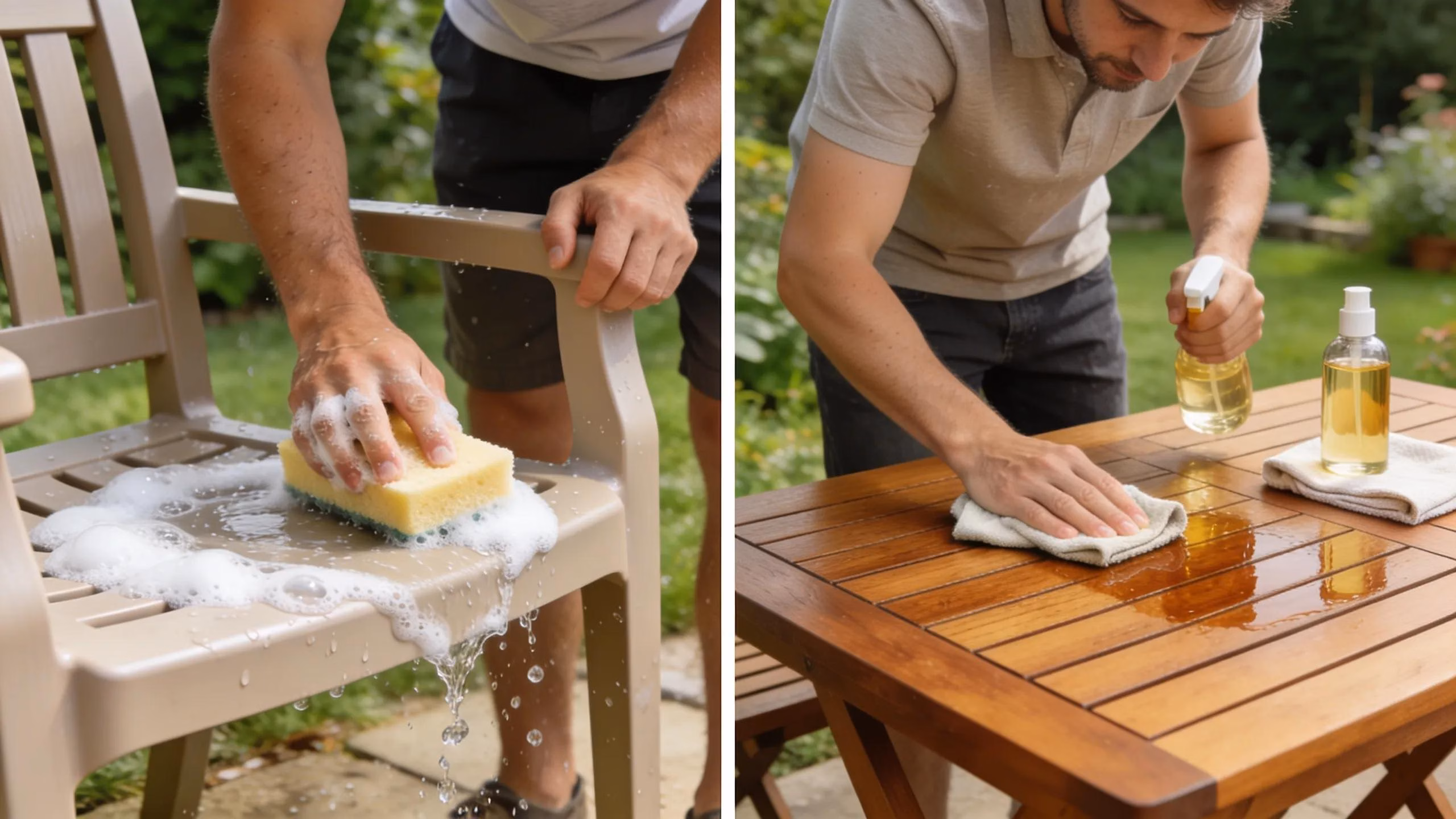 Visual contrast between low-maintenance poly furniture cleaning and teak wood maintenance routine