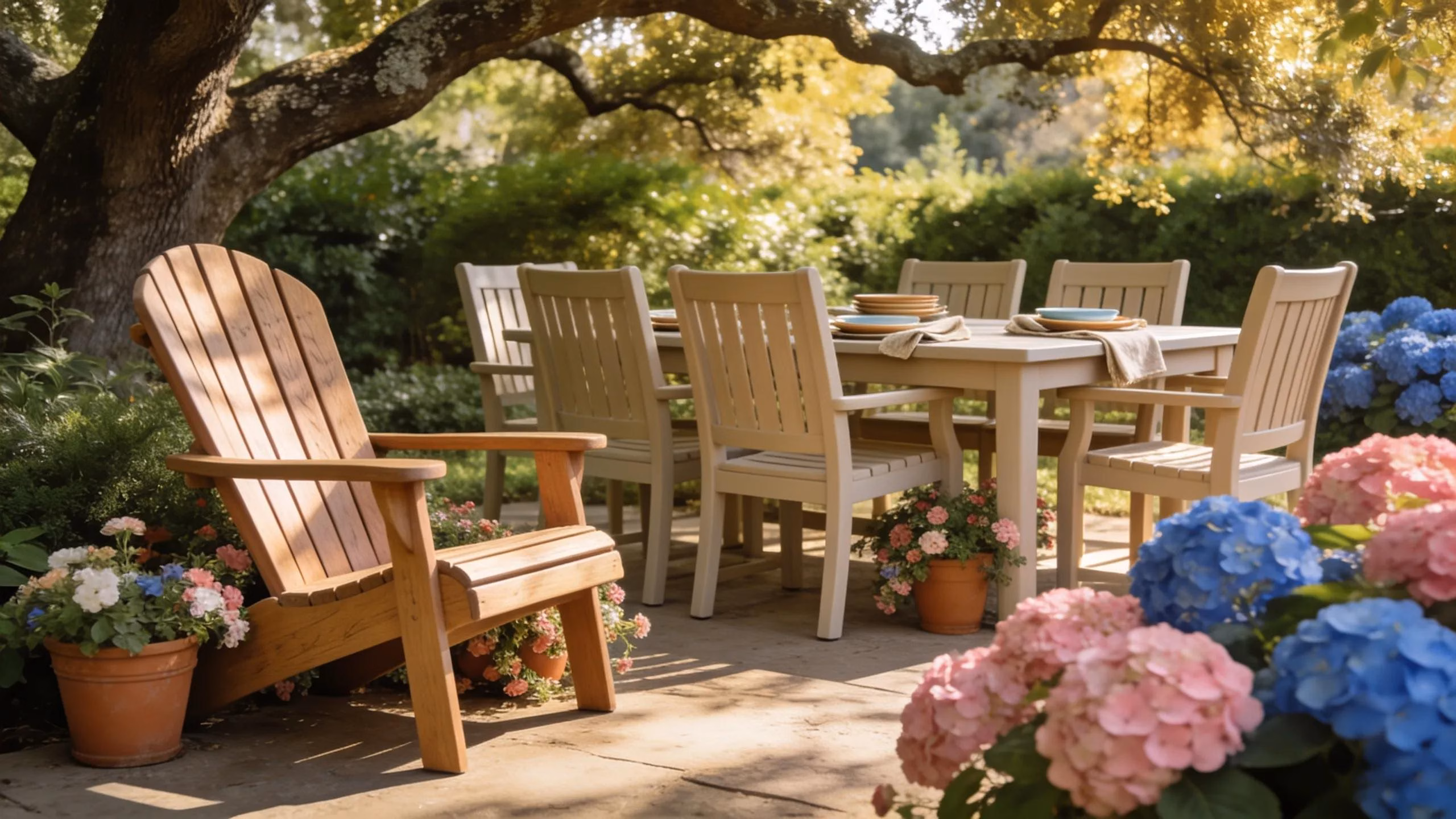Poly furniture setup in a vibrant outdoor location, highlighting durability and aesthetic appeal
