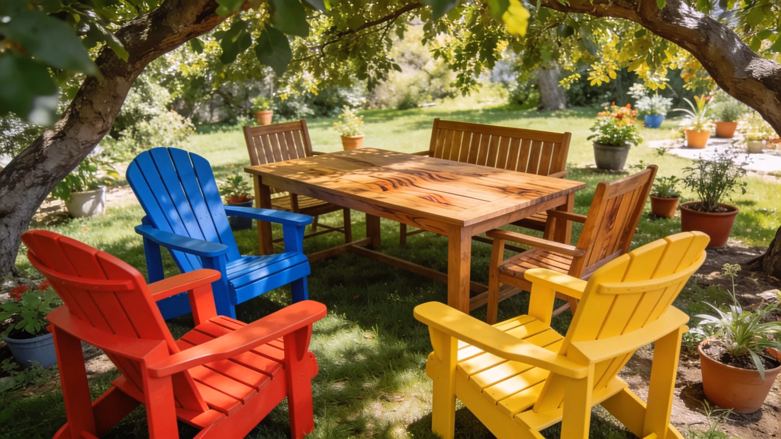 Outdoor living space featuring colorful poly furniture and traditional wooden furniture for aesthetic appeal