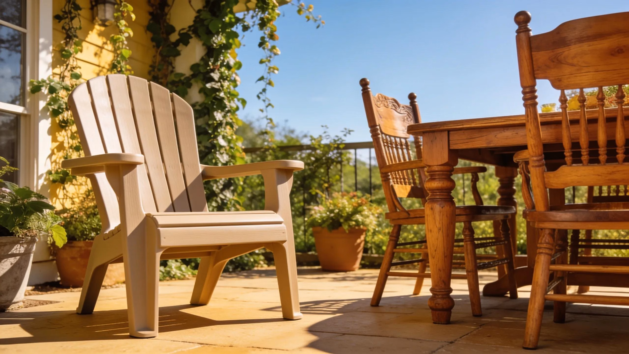 Outdoor setting showcasing poly furniture and teak wood furniture in a beautiful, sunny environment