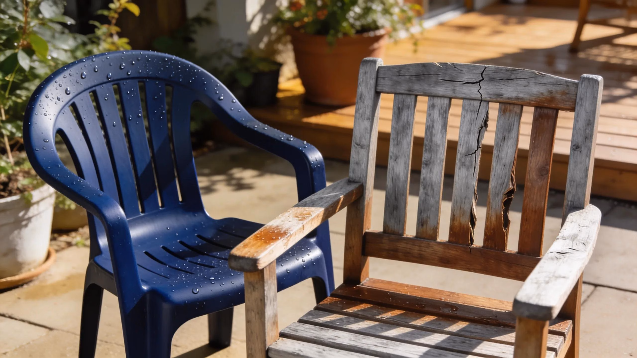 Comparison of weather-resistant poly furniture and deteriorating teak wood furniture demonstrating durability differences