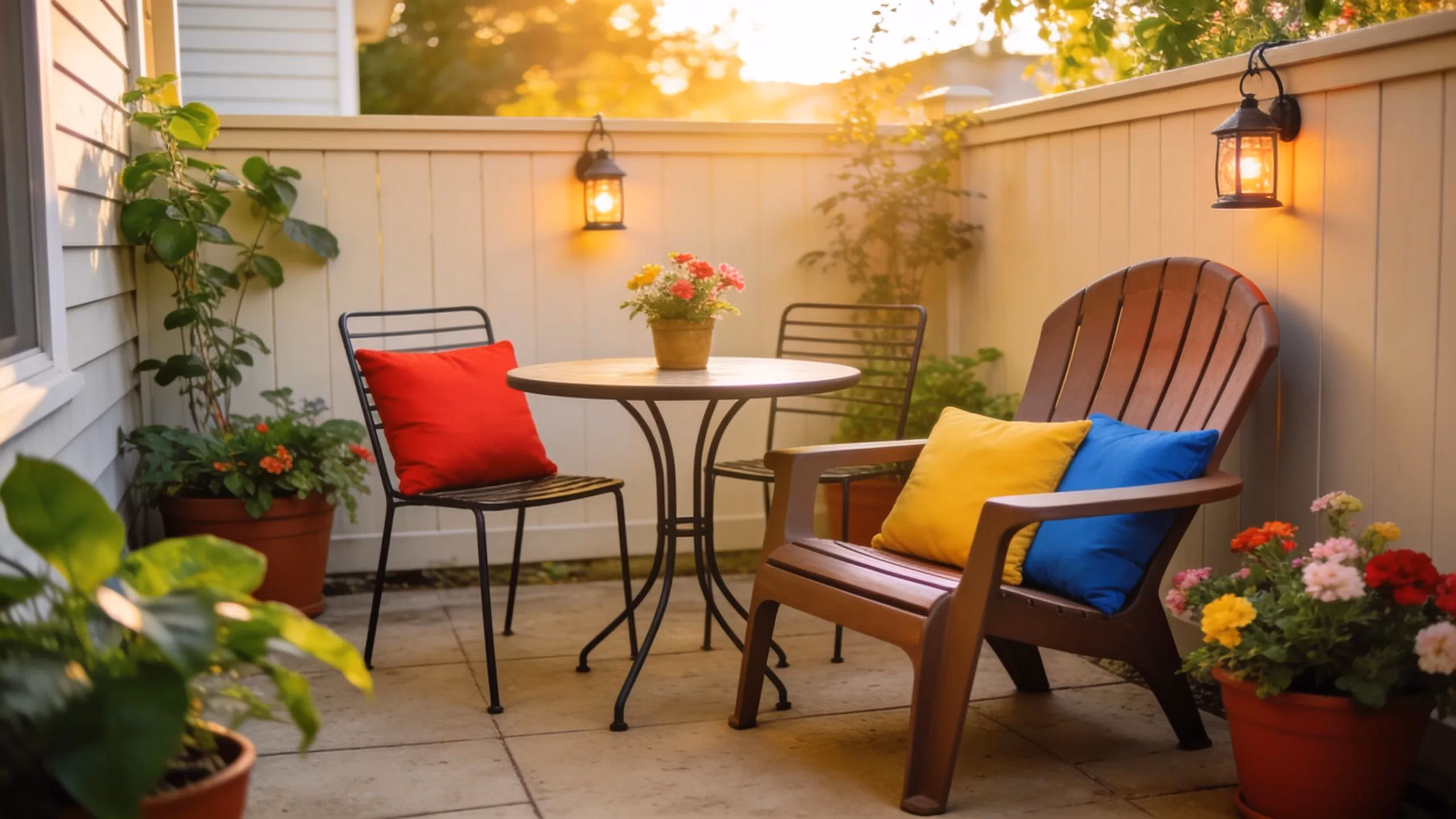 Stylish space-saving patio furniture for small outdoor spaces, featuring a compact dining set and Adirondack chair