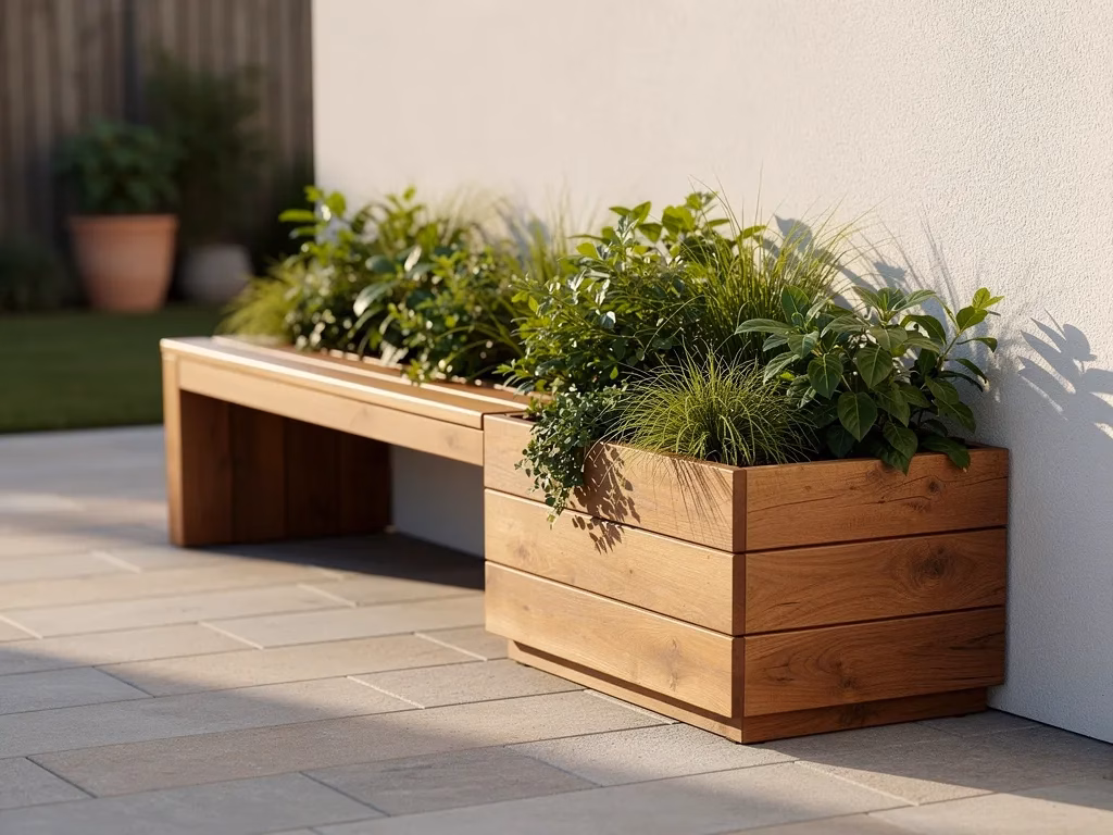 Outdoor bench with built-in planter box on a small patio, adding greenery without sacrificing floor