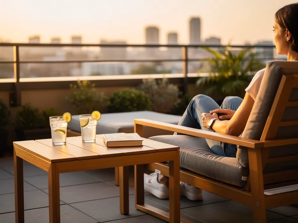 Small poly wood accent tables beside outdoor chairs on a compact balcony, flexible surface space
