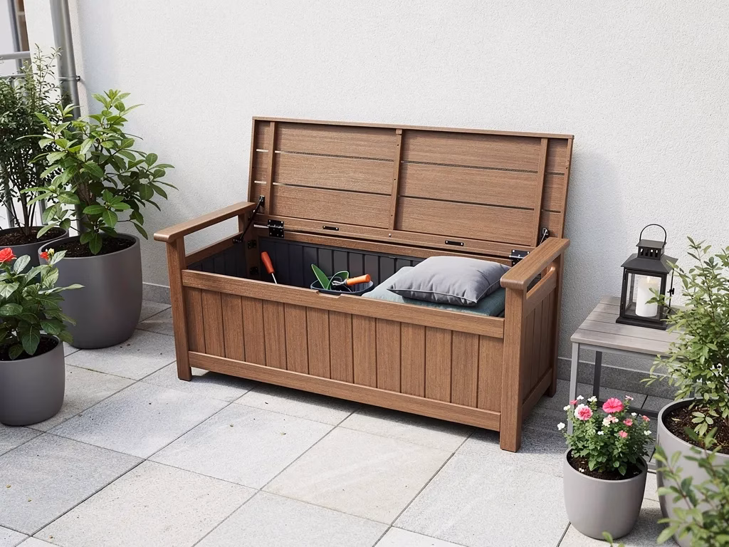 Poly outdoor storage bench with open lid revealing interior storage, dual-purpose patio furniture for small