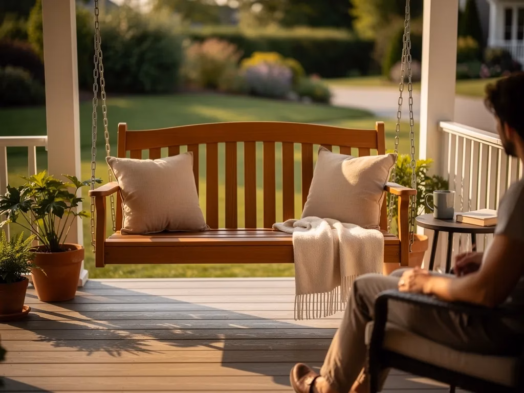 Poly wood porch swing on a covered compact patio, ceiling-mounted outdoor glider freeing up floor