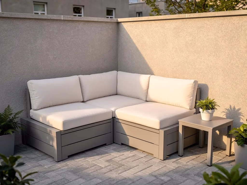 Modular poly outdoor sectional in L-shape configuration fitting a small corner patio space perfectly