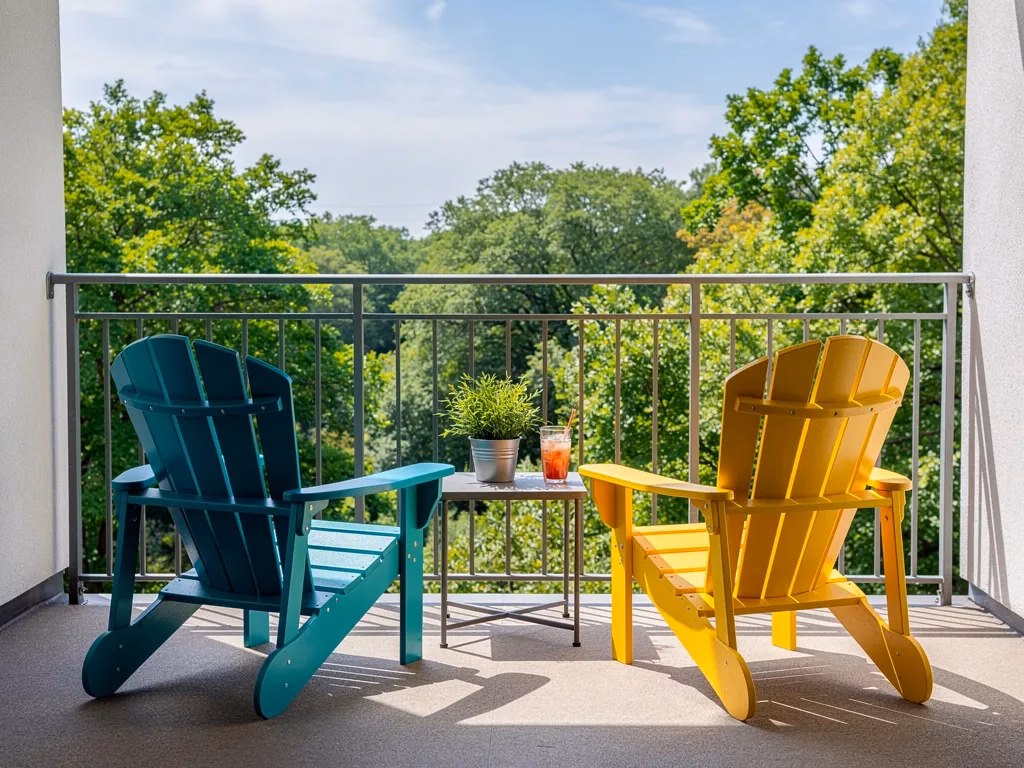 Poly Adirondack chairs on a small balcony patio, compact and maintenance-free HDPE outdoor seating