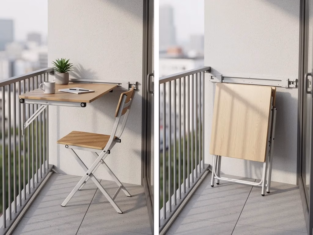 Wall-mounted folding table on a narrow balcony, folds flat against the wall for zero permanent